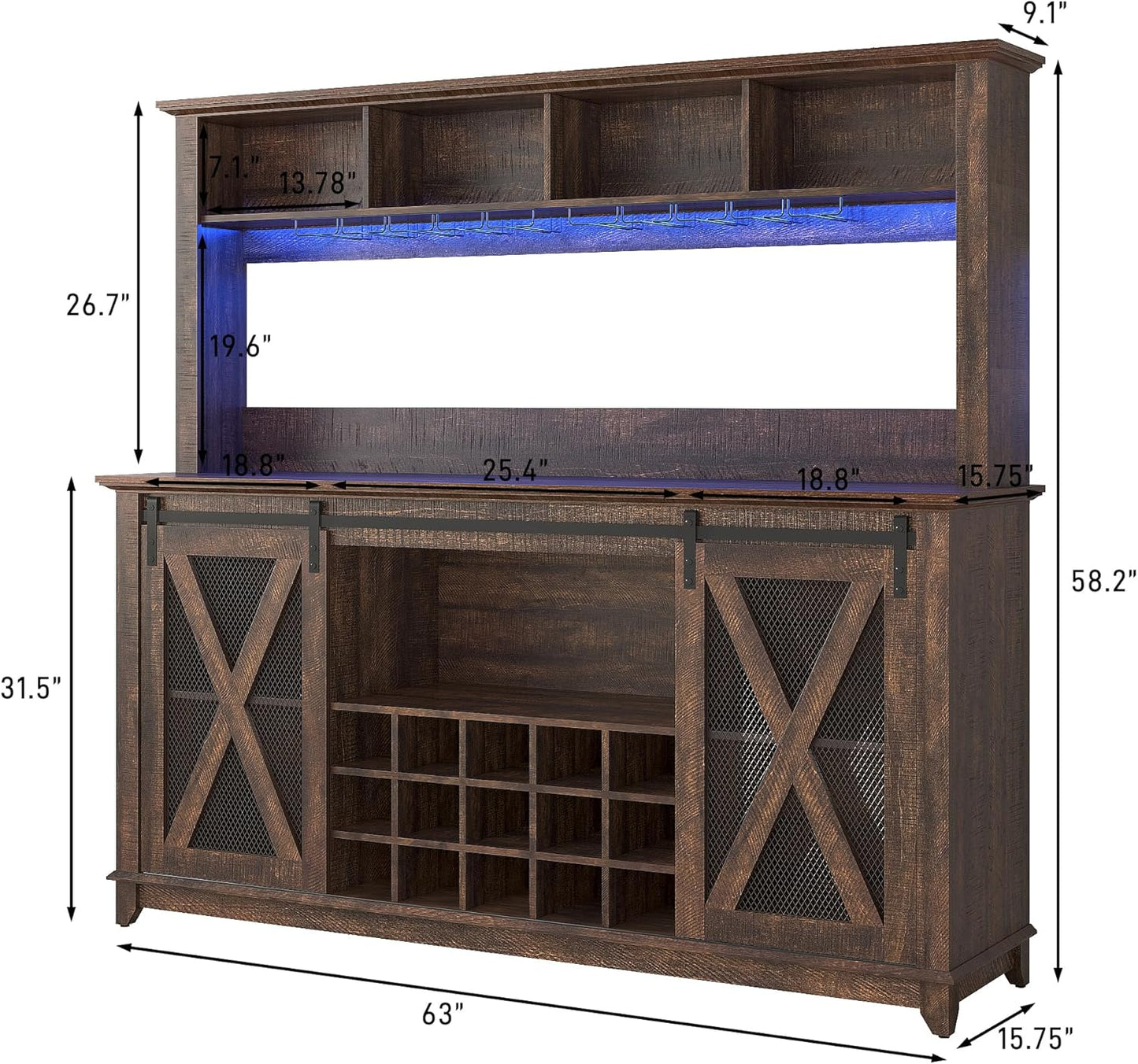 63"Wide 58"H Farmhouse Coffee Bar Cabinet with LED Light,Wine Bar Cabinet w/ 4 Storage Hutch,Kitchen Buffet Cabinet w/Sliding Barn Door & 15 Wine and Glass Racks for Kitchen Dining Room(Brown)