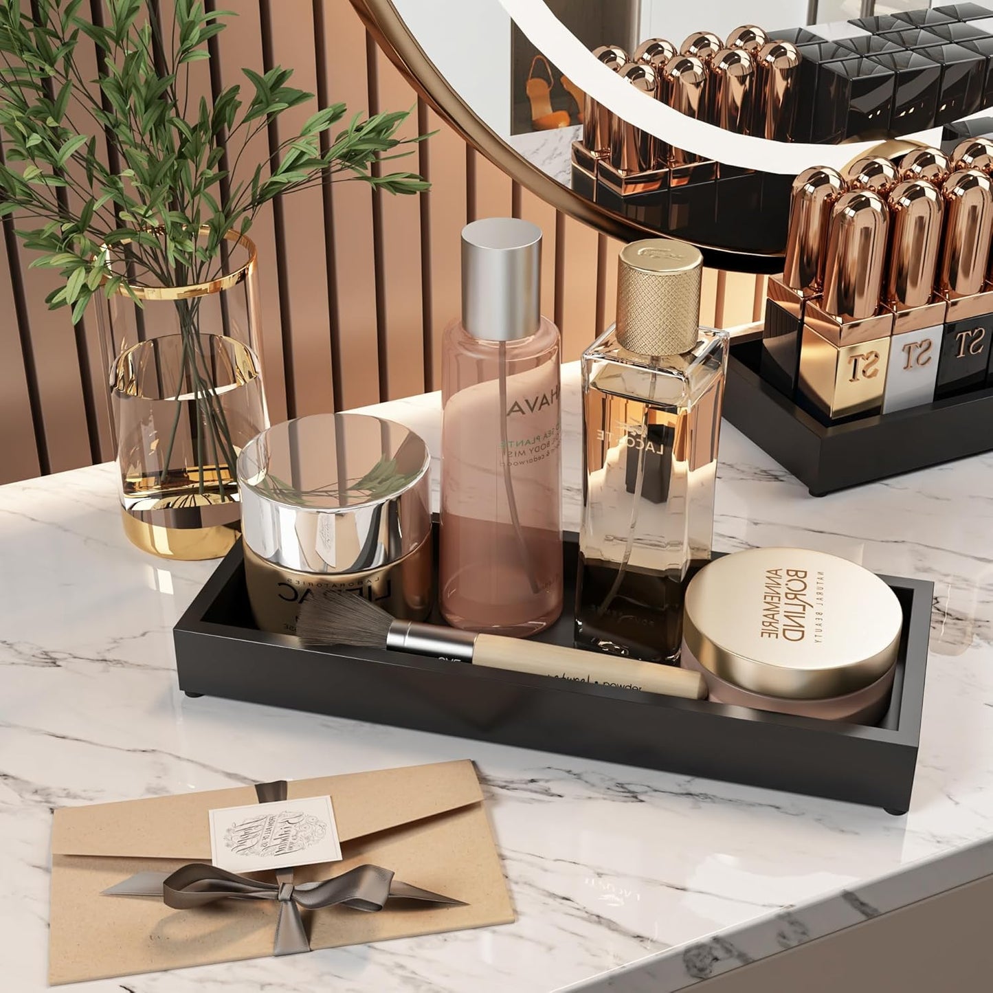 Bathroom Vanity Tray Black Decorative Tray for Counter, 11.2"x 4.3" Small Wood Sink Soap Tray Holder for Kitchen, Dresser Countertop Decor Rectangle Wooden Organizer, Black