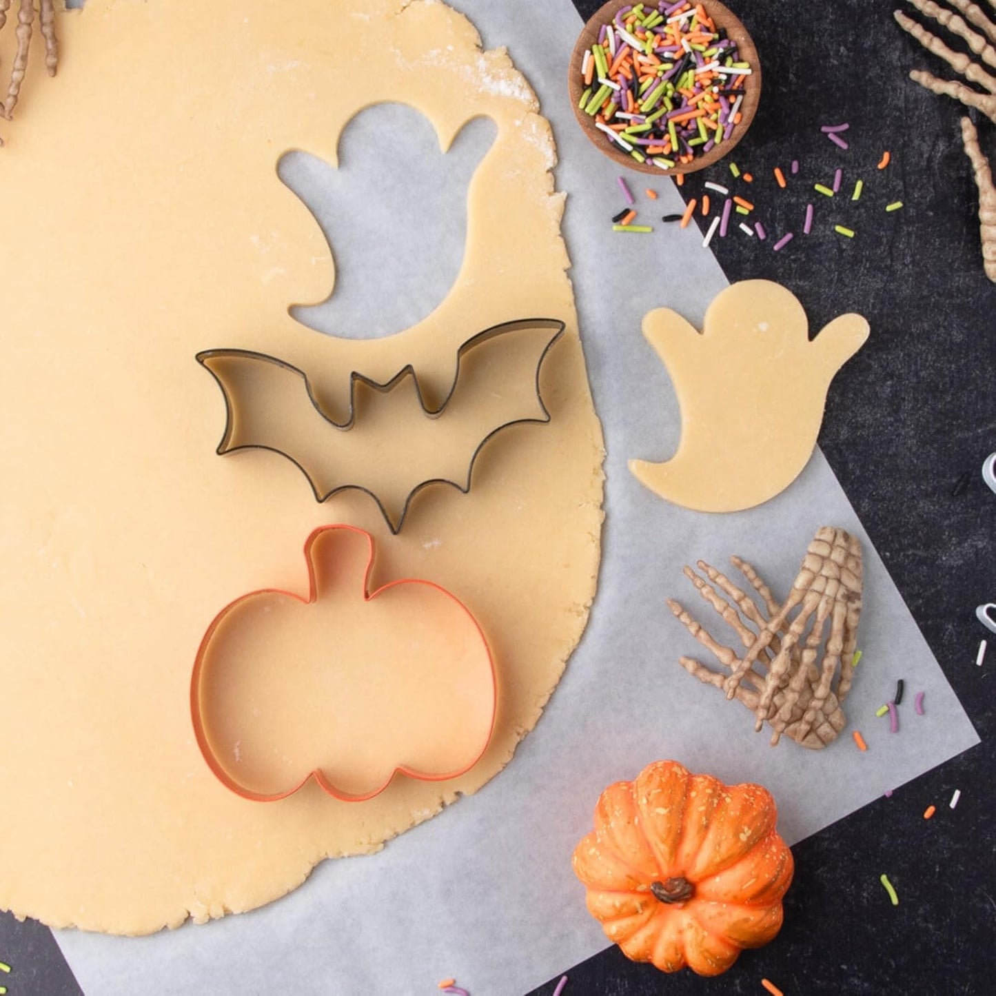 Sweets Indeed Halloween Cookie Cutters with Sprinkle Mix & Candy Eyeballs – 2 oz Sprinkles + 3 Food-Safe Cookie Cutters (Pumpkin, Ghost, Bat) | Halloween Baking & Decorating Kit