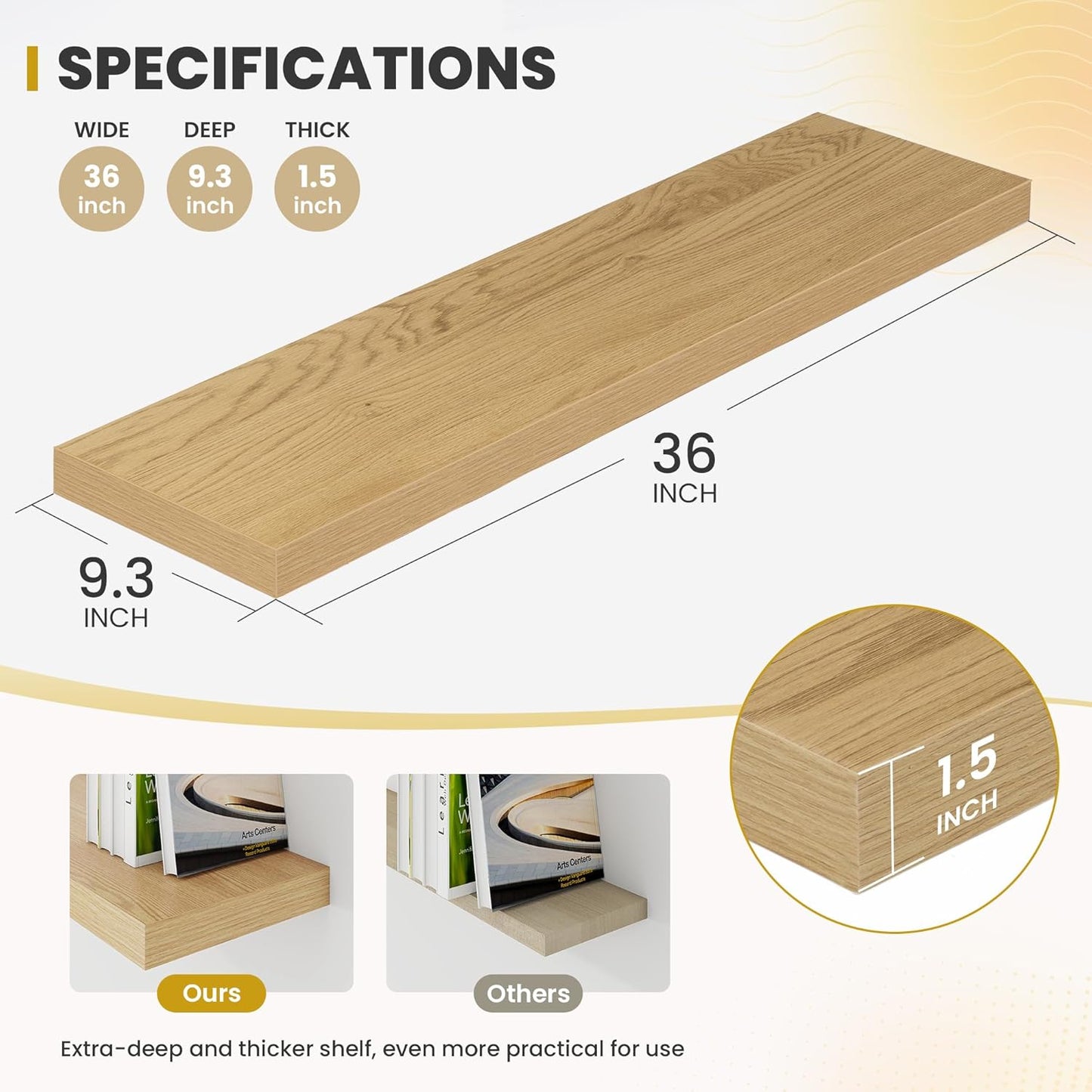 36 Inch Floating Shelves, 9.3" Deep Floating Shelf Wall Mounted, 36" Wall Shelves, Rustic Deep Bookshelf, Large Display Shelves & Storage Shelves for Bedroom, Living Room, Oak, Set of 2