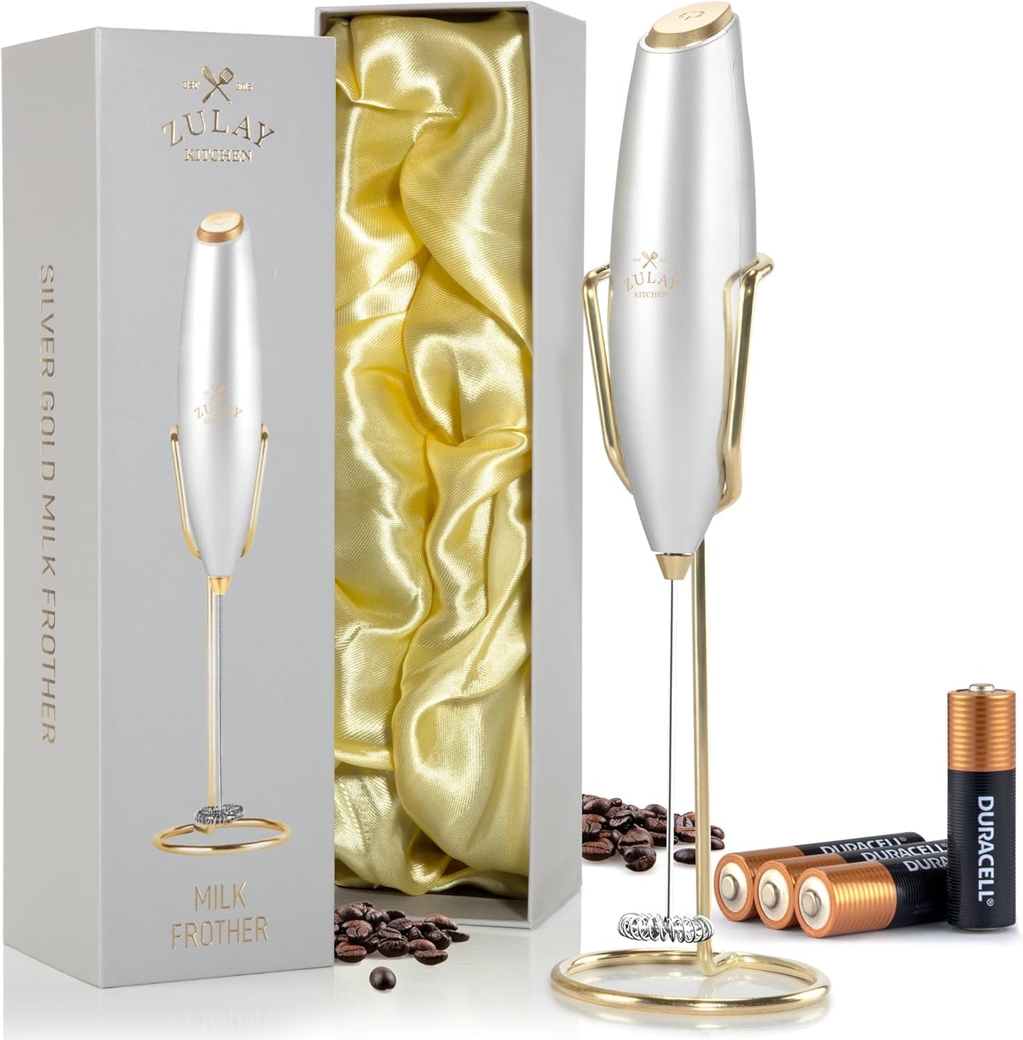 Zulay Kitchen Executive Series Luxury Gift Milk Frother with 4 Duracell Batteries – Handheld Electric Foam Maker for Coffee, Lattes & Hot Chocolate – Deluxe Finish, Ultimate Gift for Coffee Lovers