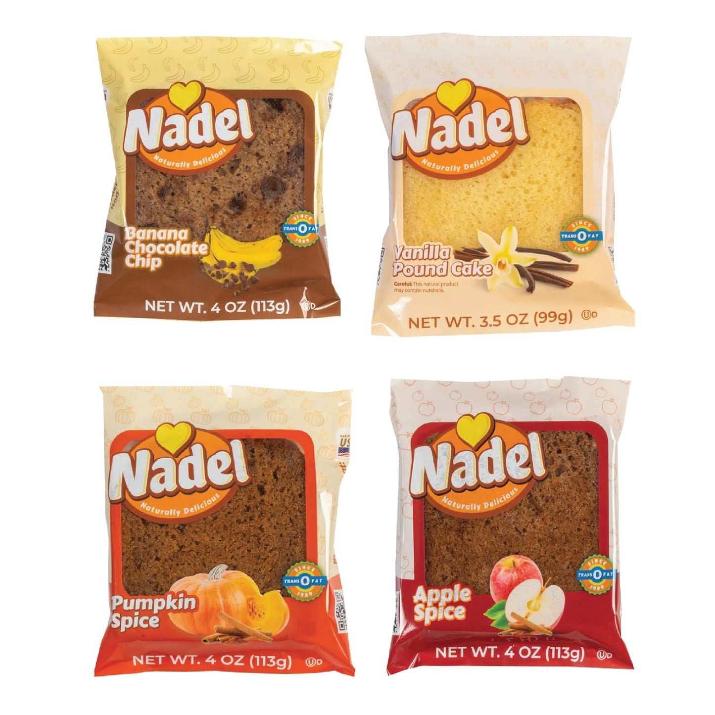 Nadel - Naturally Delicious Sweet Breads Variety Pack (Banana Chocolate Chip, Vanilla Pound Cake, Apple Spice, Pumpkin Spice). (24 Pack, 6 Breads Per Flavor)