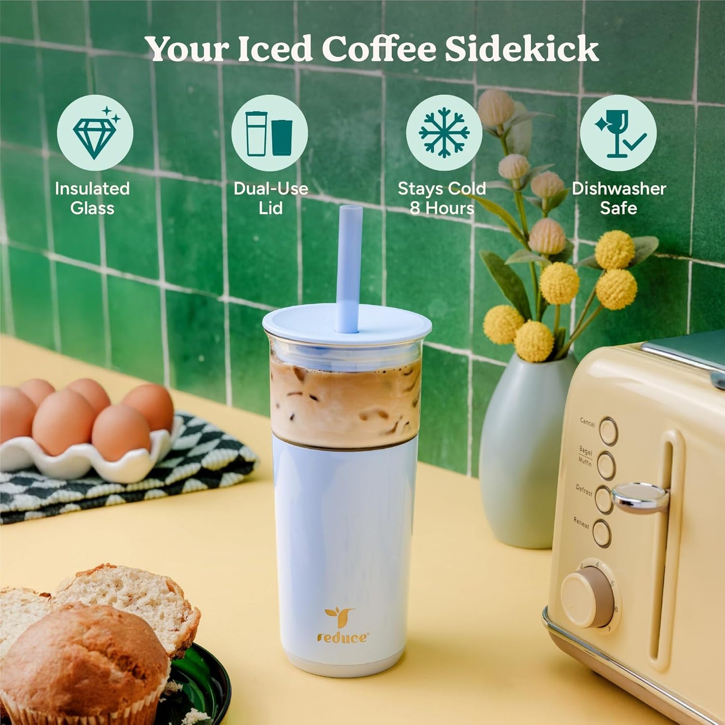 REDUCE Aspen 20 oz Vacuum Insulated Glass Tumbler with Lid & Extra Wide Straw - Keeps Drinks Cold for 12 Hrs - Ideal for Iced Coffee, Smoothies & Boba - Dishwasher Safe, Soft Base - Phantom