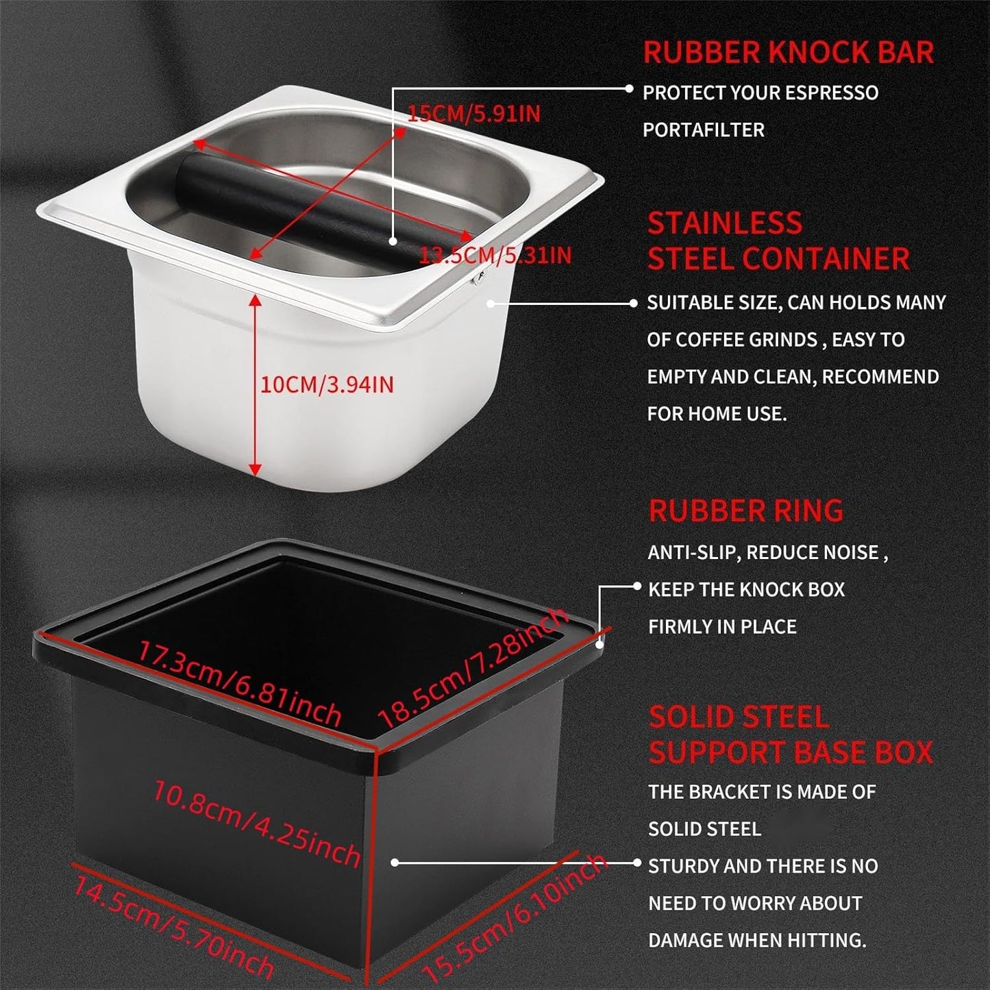 Espresso Knock Box,Stainless Steel Coffee Pucks Container, with Steel Holder and Noise Reduction Rubber Ring (7.28 x 6.8 x 4.25 inch)