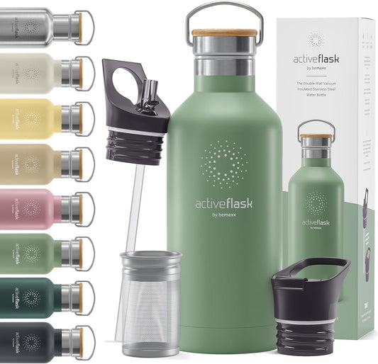 Stainless Steel Water Bottle with Straw, Infuser & 3 Lids: 18/32 OZ Leak-Proof Vacuum Insulated ACTIVE FLASK Drinking Bottles Hot Cold: Double Walled Outdoor Drink Thermo Mug Tea Coffee Sport Gym Bike