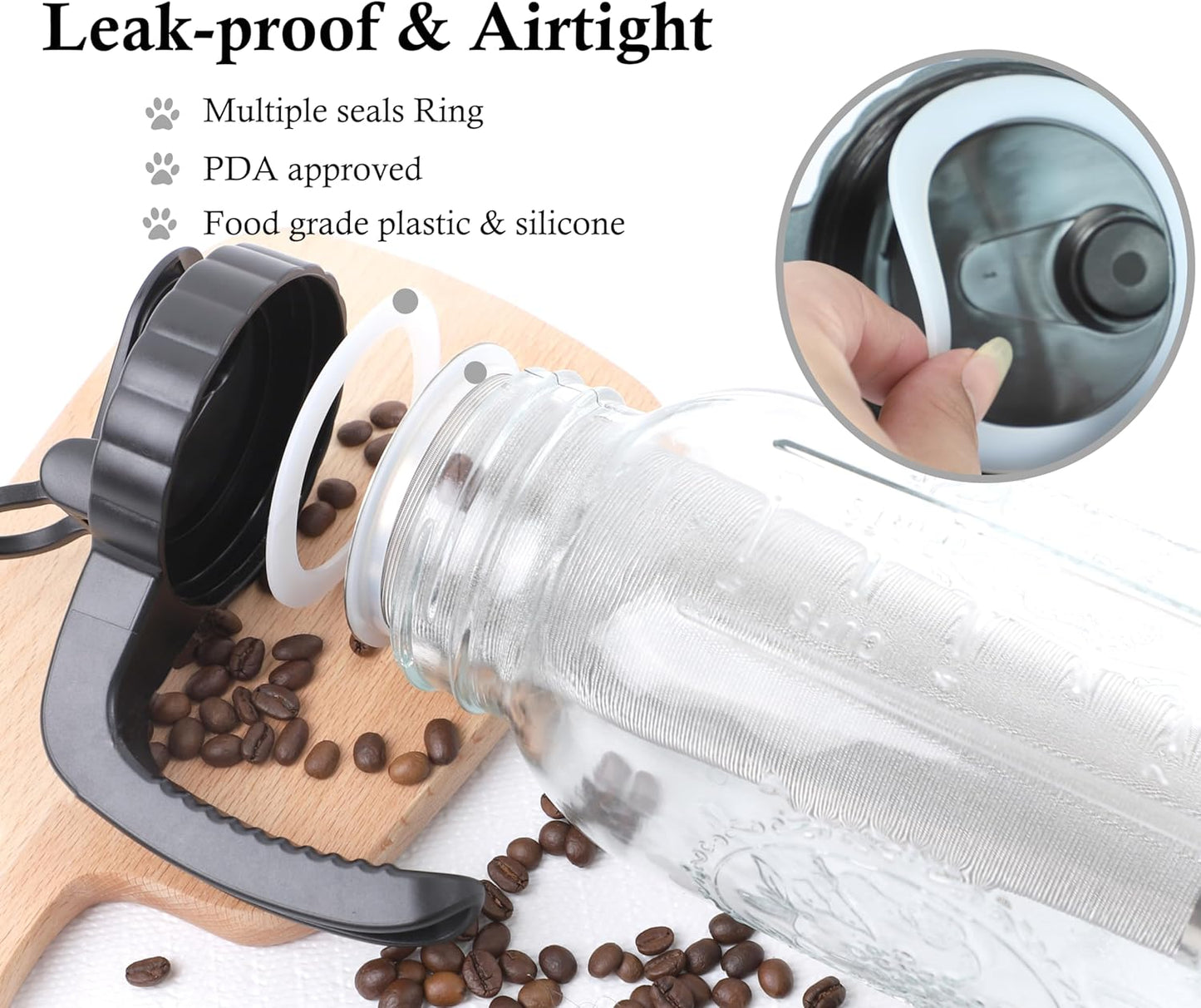 Cold Brew Coffee Maker Pitcher 2 Quart Glass Mason Jar With Spout Lid Filter Half Gallon Wide Mouth Iced Tea Brewing Jug Heavy Duty Handle Airtight & Leak-Proof Pitcher For Fridge Sun Tea 64 OZ