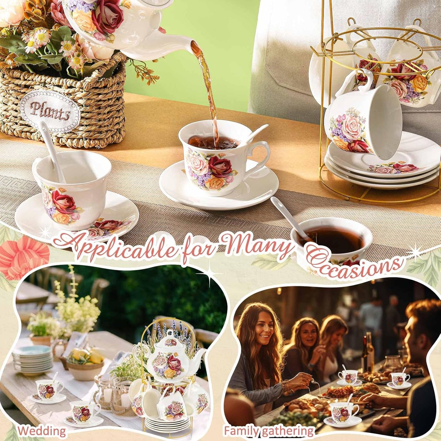 Zhehao 20 Pcs Porcelain Tea Set with Metal Holder and Spoon Adult Ceramic Tea Party Set European Flower Painting Teapot Cup Saucer Spoon for Women, Large Version (Styleish Style)