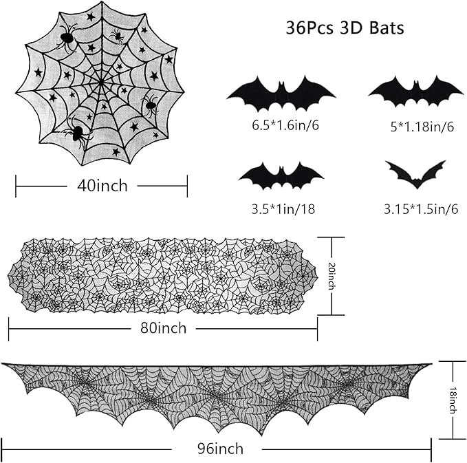 ZeeDix 39 Pcs Halloween Decorations Kit Black Lace Spiderweb Round Tablecloth Table Runner, Giant Spider Cobweb Fireplace Scarf with 36PCS Scary 3D Bats Wall Stickers for Halloween Party Decor