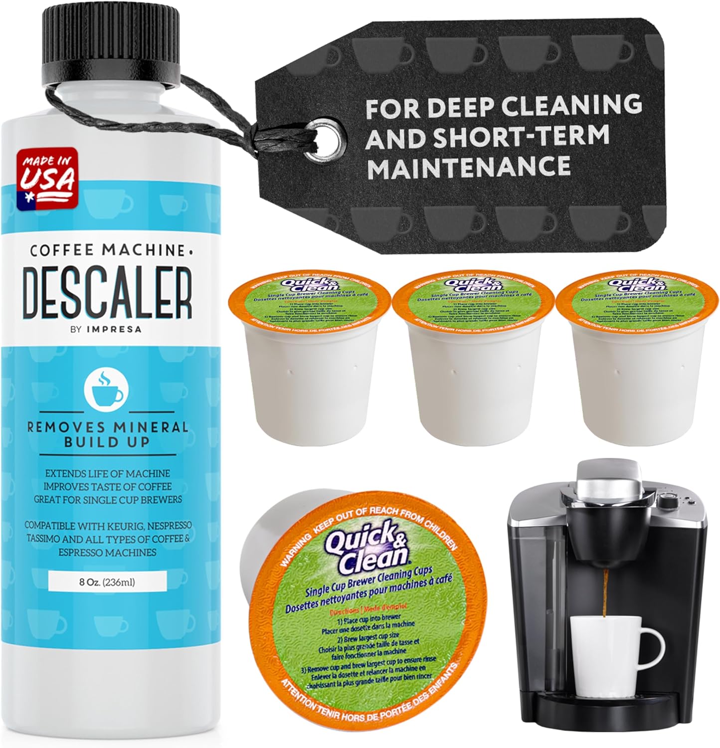 IMPRESA Coffee Machine Descaler & Cleaning Bundle - Compatible with Keurig K-Duo & K-Cup Brewers - 8 Oz Descaling Solution & 4 Maintenance Pods - Coffee Machine Cleaning & Pot Care Kit