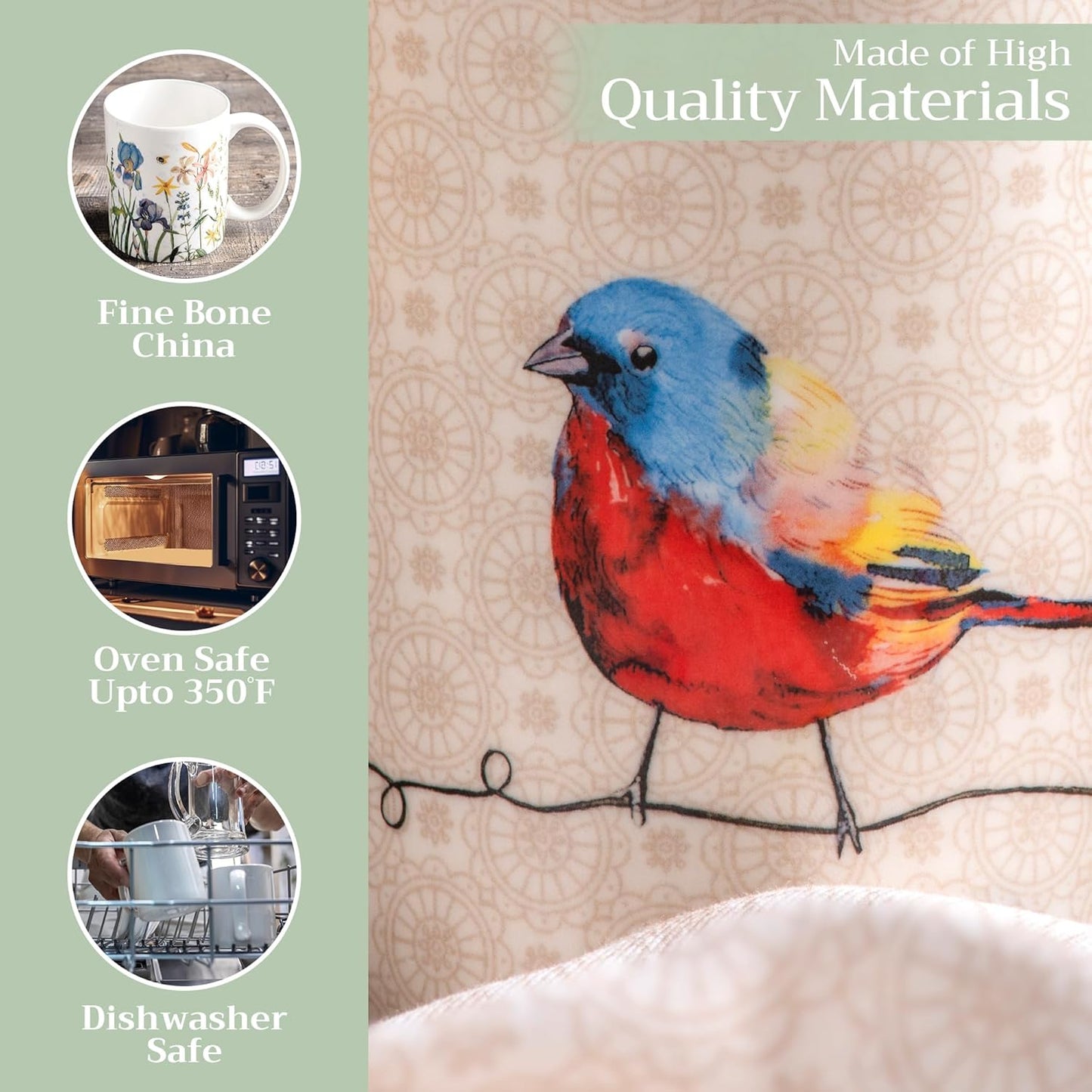 Maison d' Hermine Coffee Mug with Handles Fine Bone China Mugs Pack of Two Tea Cups for Hot Beverages Cappuccino Latte Home Restaurant Office Perfect for Gift (Birdies On Wire, 15 Ounce)