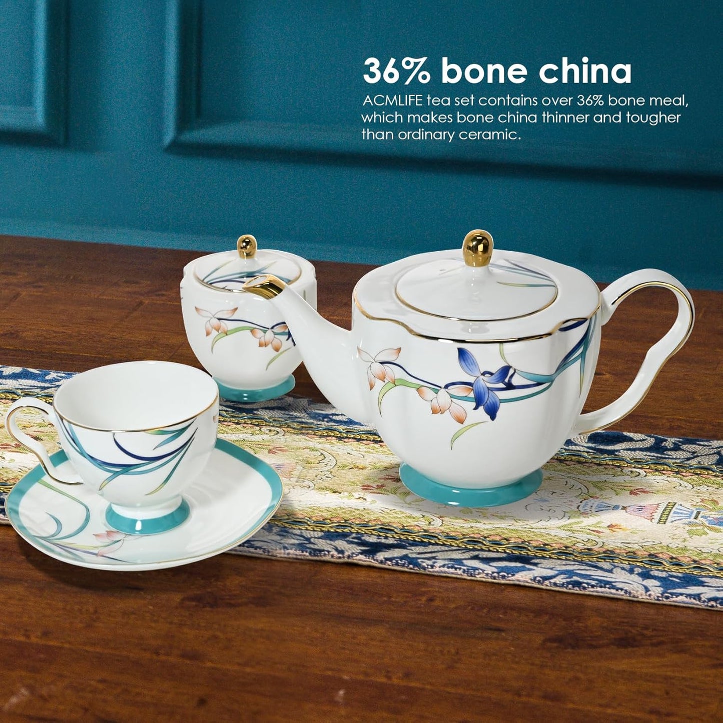 ACMLIFE Tea Cups and Saucers for 1, Bone China Teacup Set for Adults with Gold Trim and Gift Box, Blue and White Chinese English British Wedding Tea Set for One Coffee Cup Set 6.8 oz (Blue-Bamboo)