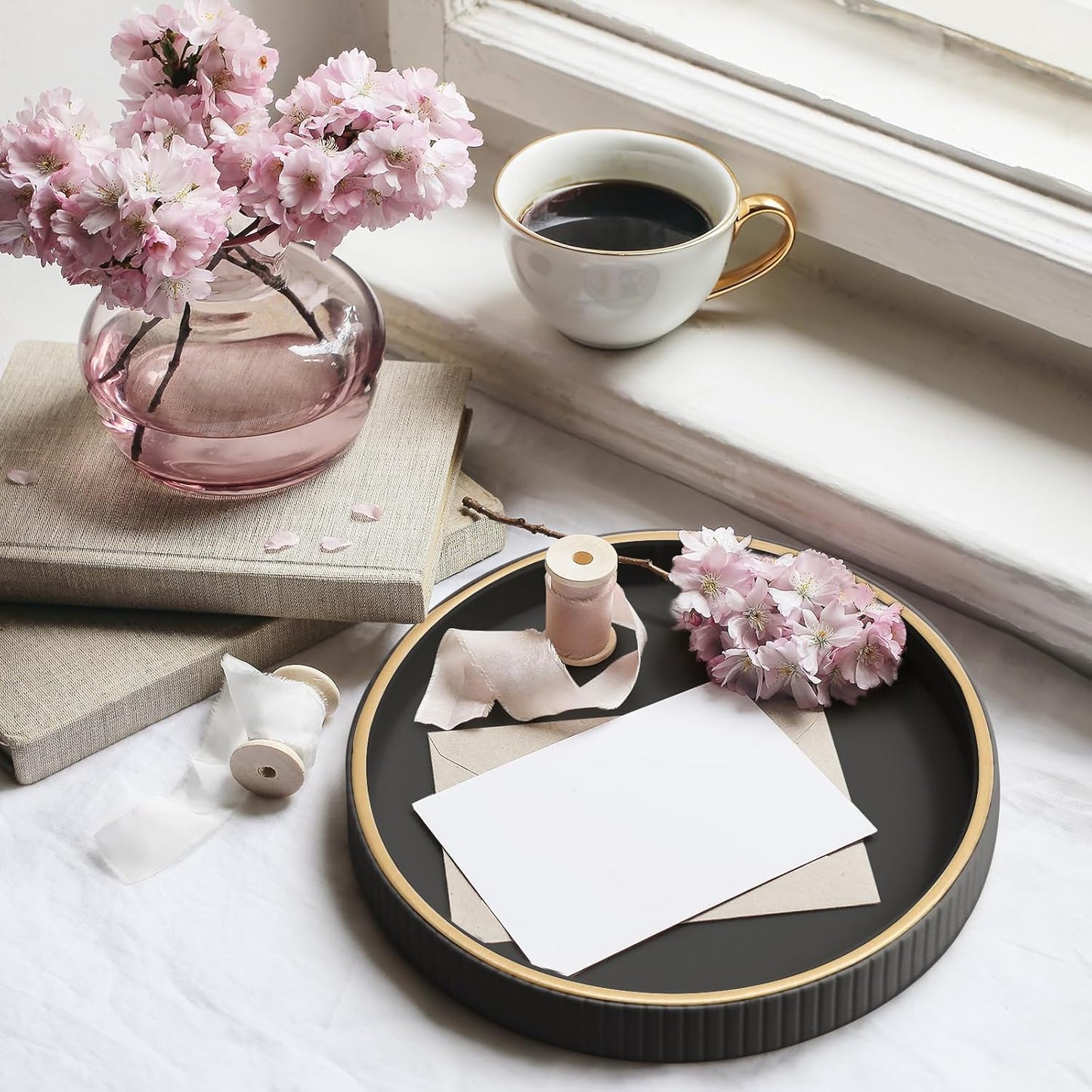 SANZIE Leather Tray Desktop Storage Organizer Premium Serving Tray Decorative Tray Valet Tray for Sundries Cosmetics Phone Wallet Cutlery, Combination, Black