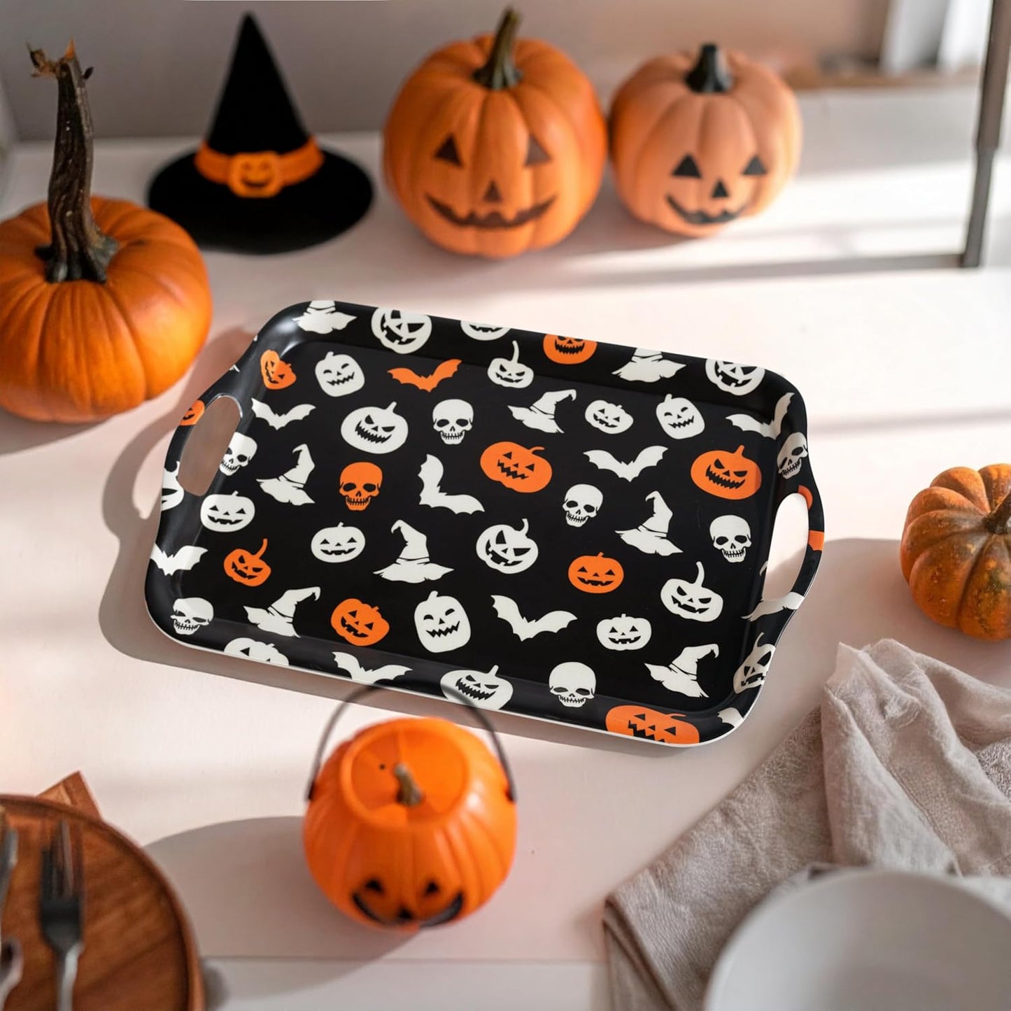 Oasis Choice 2-Pack Halloween Bamboo Fiber Serving Trays - 18x13 Inch Large Platters w/Handles for Horror Party, Birthday,BBQ, Buffet - Pumpkin, Bat & Skeleton Decor (Spooky Black, 18inch)