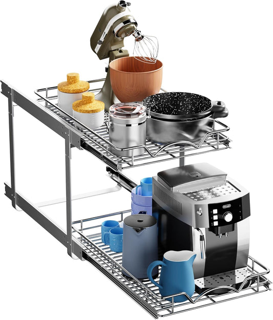 HOLDN’ STORAGE Two Tier Pull Out Cabinet Organizer, Individual Sliding Drawers - Heavy Duty Metal with Lifetime Limited Warranty - Anti Rust Chrome Finish - 14" W x 21”D x 16.5" H