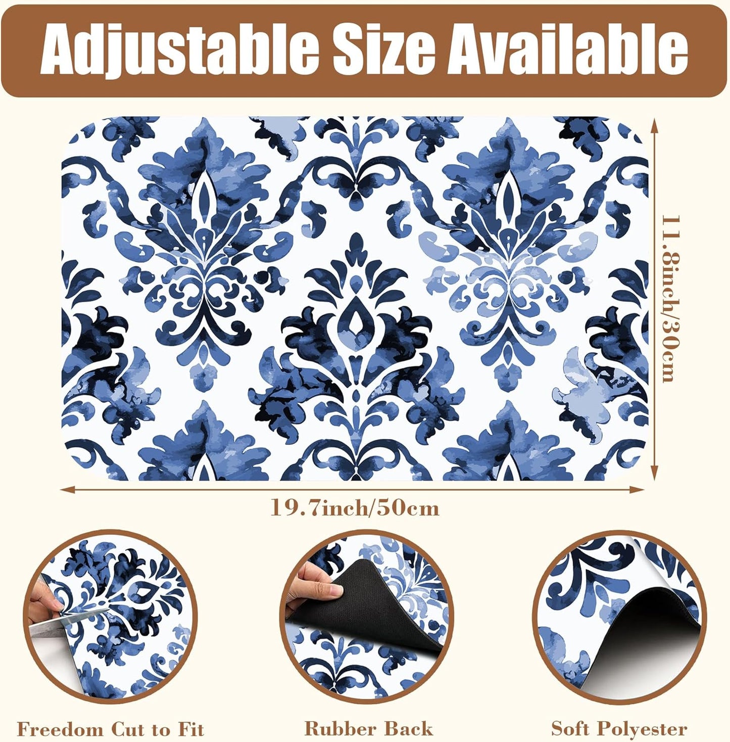 Blue Damask Flower Dish Drying Mat for Kitchen Counter Bar Mat Hide Stain Absorbent Rubber Backed Coffee Maker Espresso Machine Bar Accessories 11.8 x 19.7 Inch