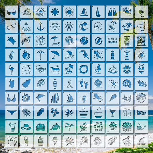 100 Pcs Stencils for Painting on Wood Reusable Stencil Crafts Drawing Templates Holiday Wall Paper for DIY Scrapbook Home 2 x 2 Inch(Hawaiian Style)