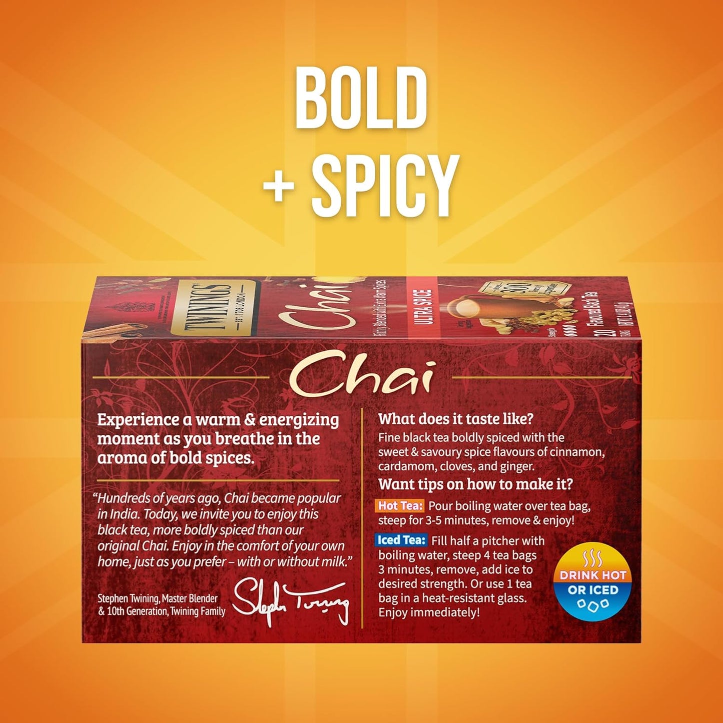 Twinings Chai Tea, Ultra Spice Chai Tea Bags with Cinnamon, Ginger, Cardamon, Clove for a Spicy Chai Tea Latte, 20 Tea Bags