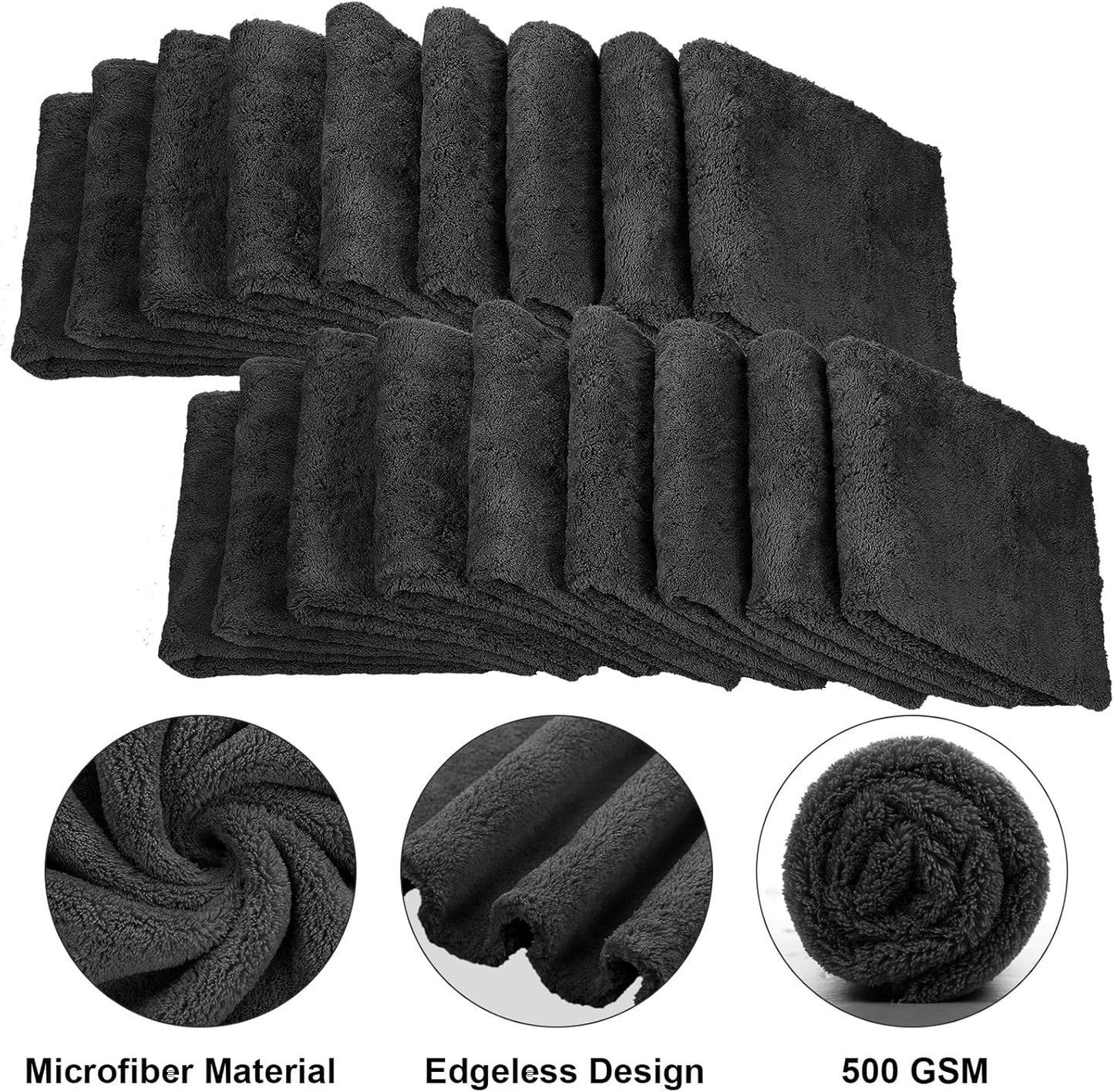 Shimeyao 30 Pcs Edgeless Microfiber Plush Towels for Cars Detailing Drying Wash Polishing Absorbent Cleaning Cloths, 500 GSM, 16 x 16 Inch(16 x 16 Inch,Black,30 Pcs)
