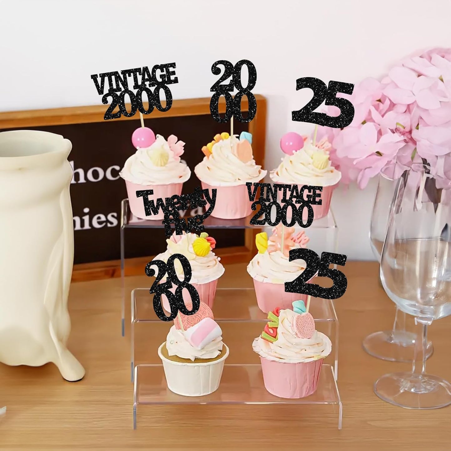 Gyufise 24Pcs 25th Birthday Cupcake Toppers Glitter Twenty-five Vintage 2000 Cheers to 25 Cupcake Picks Hello 25 Years Birthday Cake Decoration for Happy 25th Birthday Anniversary Party Supplies Black
