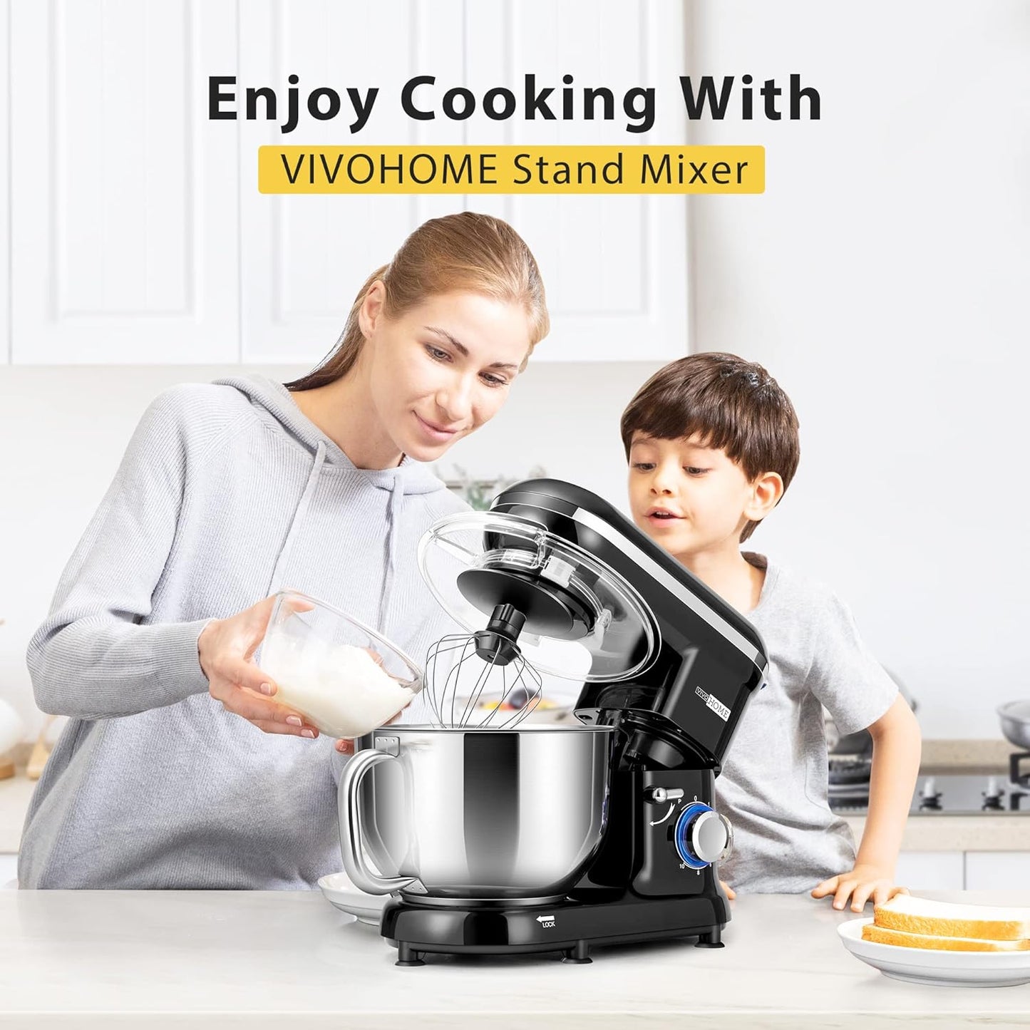 VIVOHOME Stand Mixer, 660W 10 Speed 6 Quart Tilt-Head Kitchen Electric Food Mixer with Beater, Dough Hook, Wire Whip and Egg Separator, Black