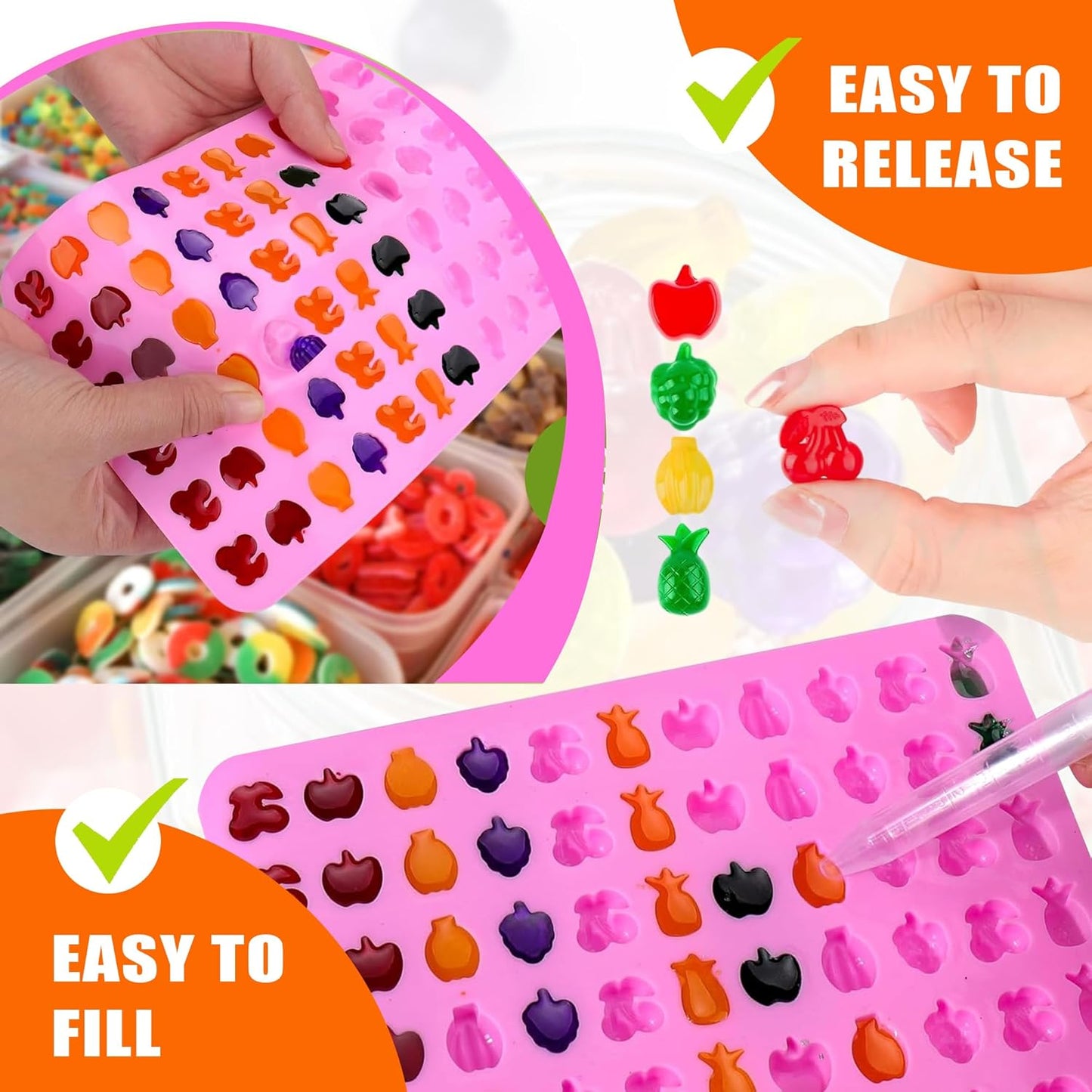 Set of 8 Fruit Snack Molds Silicone Bpa Free, Gummy Molds Trays for Candy Chocolate Gummies Baking - with 2 Dropper & 2 Cleaning Brush(Cherries Grape Banana Apple Pineapple)