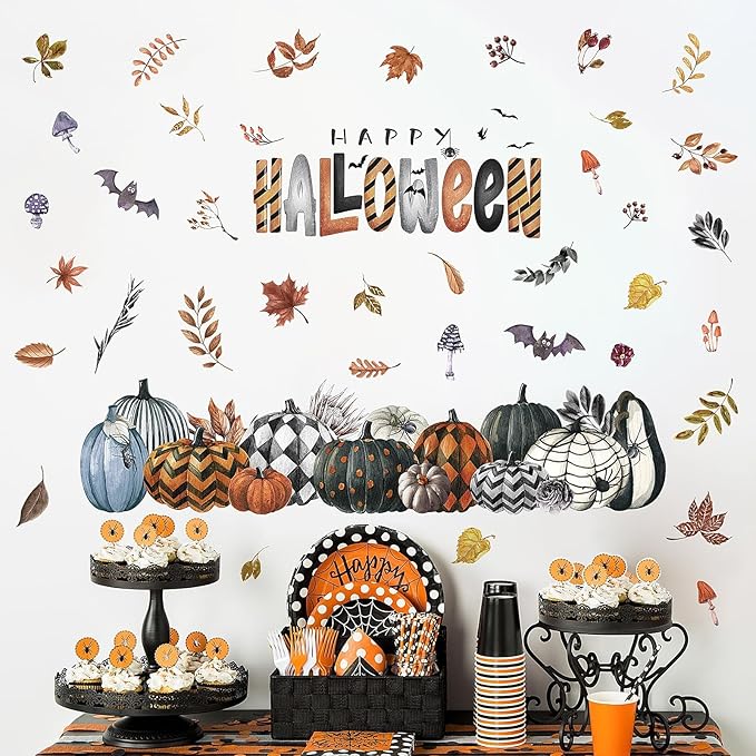 clothmile 40.15 x 38.58 Inch Happy Halloween Pumpkins Wall Decals Halloween Leaves Bat Spider Wall Stickers Halloween Removable Wall Sticker for Halloween Party Supplies Home Wall Decor