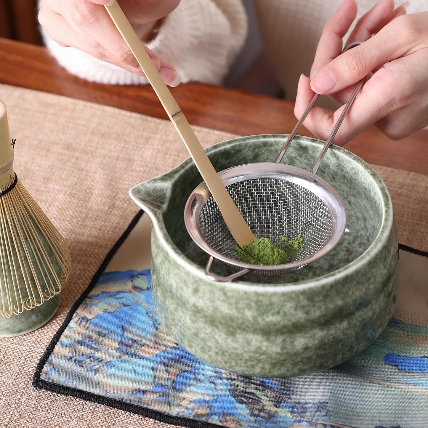 Japanese Matcha Whisk Set - 7-Piece Kit Bamboo Chasen, Ceramic Bowl with Spout, Stainless Steel Sifter & Holder Green