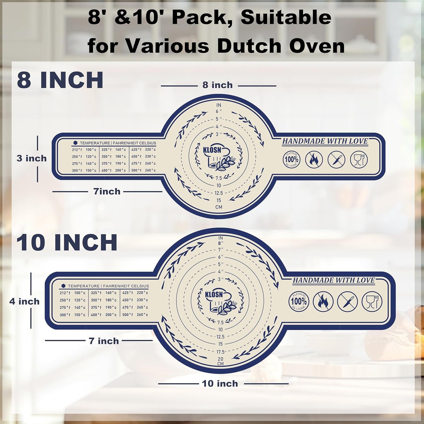 Silicone Bread Sling for Dutch Oven, 2 Pack (8" & 10" Round) – Non-Stick & 500°F Heat Resistant Sourdough Mat, Easy to Clean, Reusable Food-Grade Sourdough Slings - Fits 5–7 qt Dutch Ovens