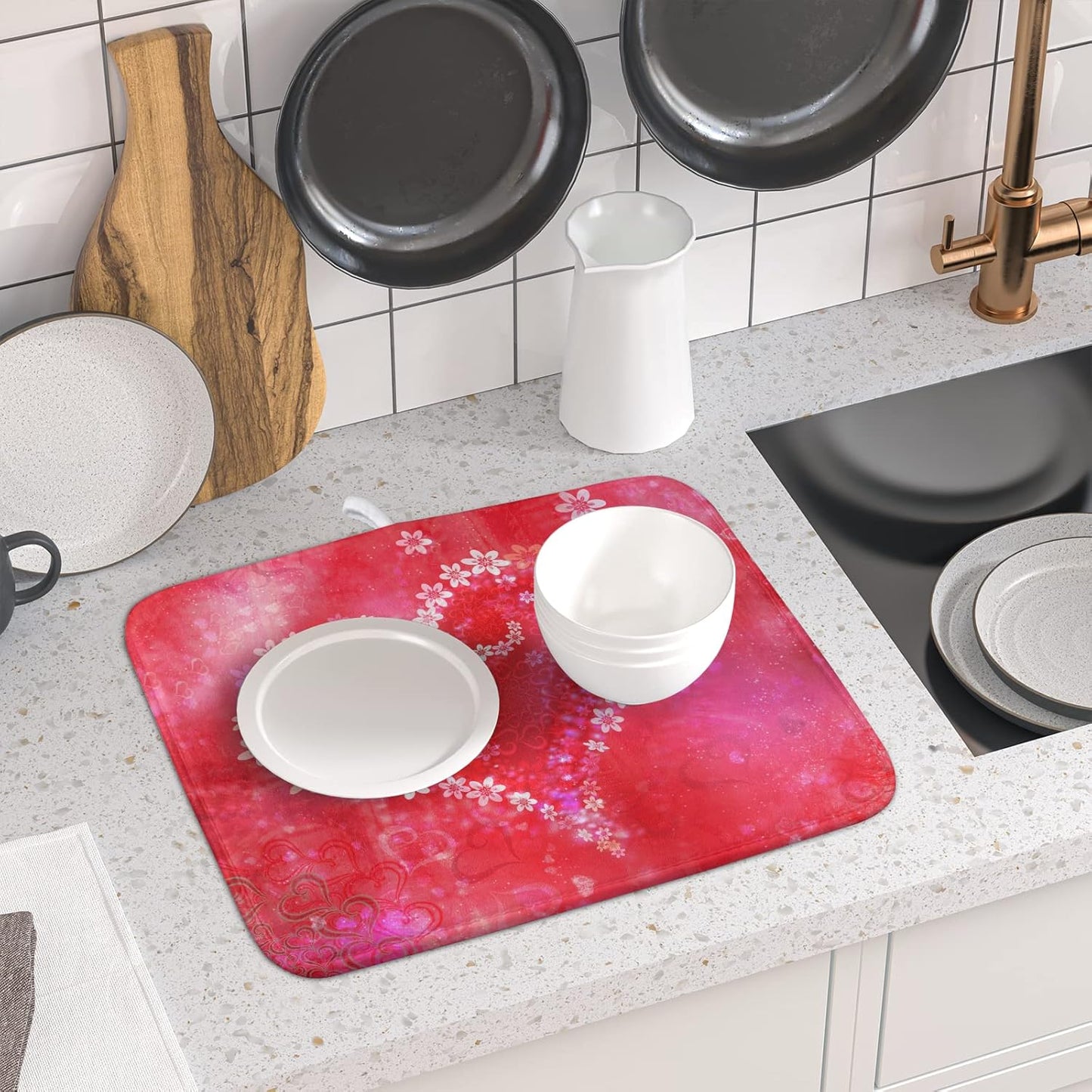 Valentines Day Dish Drying Mat for Kitchen Counter Red Heart Flower Decor Drying Mat 16 x 18 Inch with Absorbent Reversible Microfiber Dish Drying Pad Dish Rack Drainer Mat for Coffee Bar