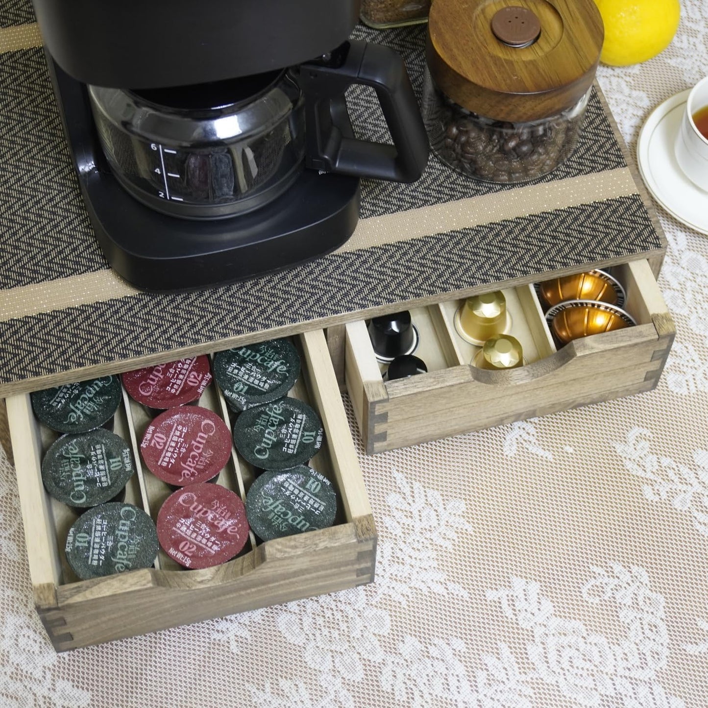 Coffee Pods Storage Drawer Holder for Capsules - Multi Functional Desk Organizer Drawers For K cups Coffee Maker Brew - Kitchen Mini Wooden Box Chest Sideboard Counter Organization CF1D2C Dark