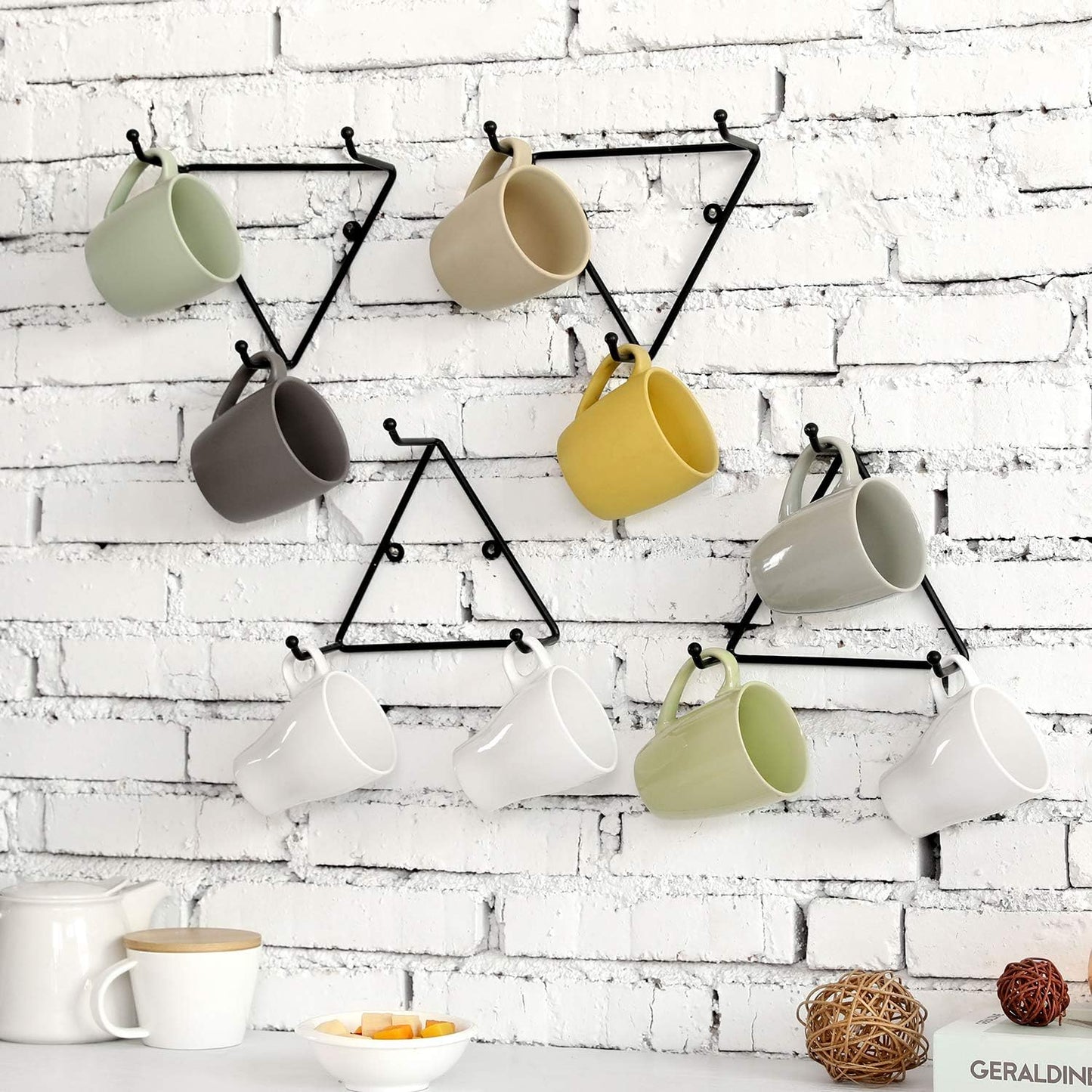 MyGift Matte Black Metal Triangular Coffee Mug Holder Wall Mount Display Rack Mug Organizer with 3 Hooks, Set of 4