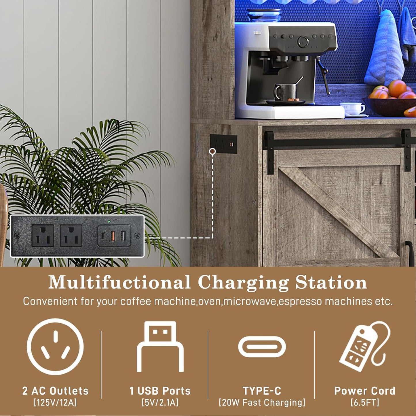 74" Tall 63" Wide Larg Bar Cabinet w/ Outlet,6000-color LED Light,Pegboard,Farmhouse Hutch Bar Cabinet w/Barn Door,2 Big Drawers,Adjustable Shelves,10 Wine & Glasses Rack,5 Hook for Kitchen,OAK