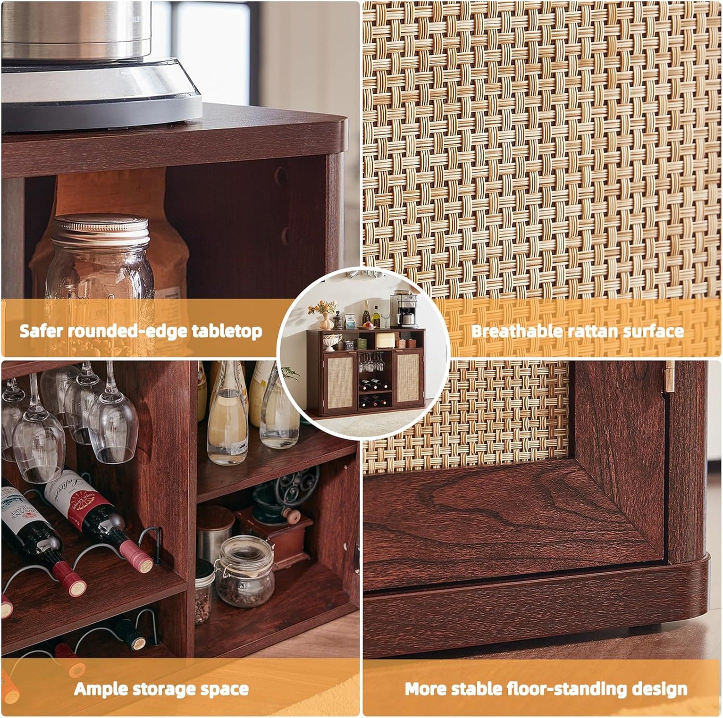 Lerliuo 47.2" Rattan Wine & Liquor Cabinet with 2 Doors, Boho Farmhouse Coffee Bar Station, Built-in Wine Racks & Storage, Adjustable Shelves for Living Room, Dining Room, Kitchen, Walnut Brown