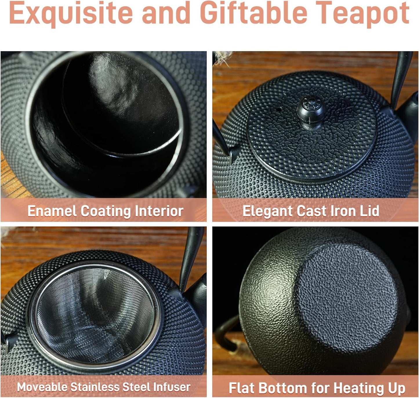 Small Tea Kettle, 40oz Tea Pot, Japanese Tetsubin, Cast Iron Teapot with Infuser for Stovetop Safe Coated with Enameled Interior (Black, 1200ml)