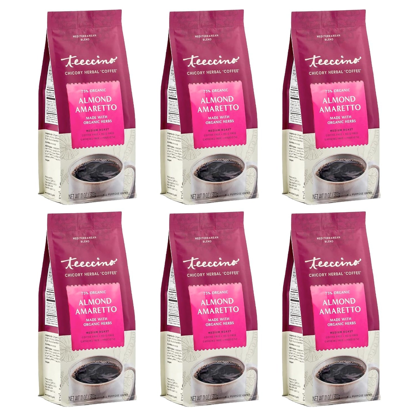 Teeccino Almond Amaretto Chicory Coffee Alternative - Ground Herbal Coffee That’s Prebiotic, Caffeine Free & Acid Free, Medium Roast, 11 Ounce (Pack of 6)