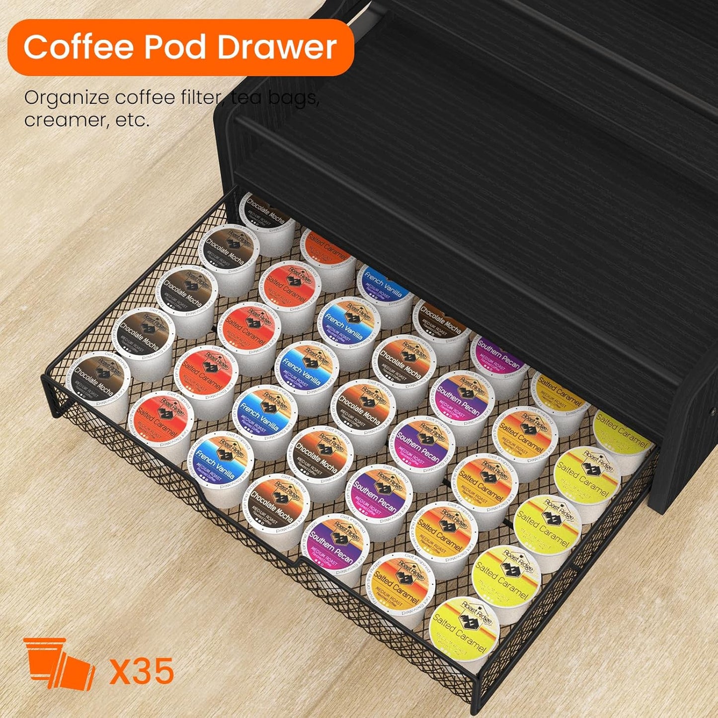 Homode 3-Tier Coffee Bar Organizer, 8 Bottle Syrup Stand with 35 Coffee Pod Storage Drawer, Rustic Wood & Metal Countertop Liquor Bottle Holder for Kitchen, Black