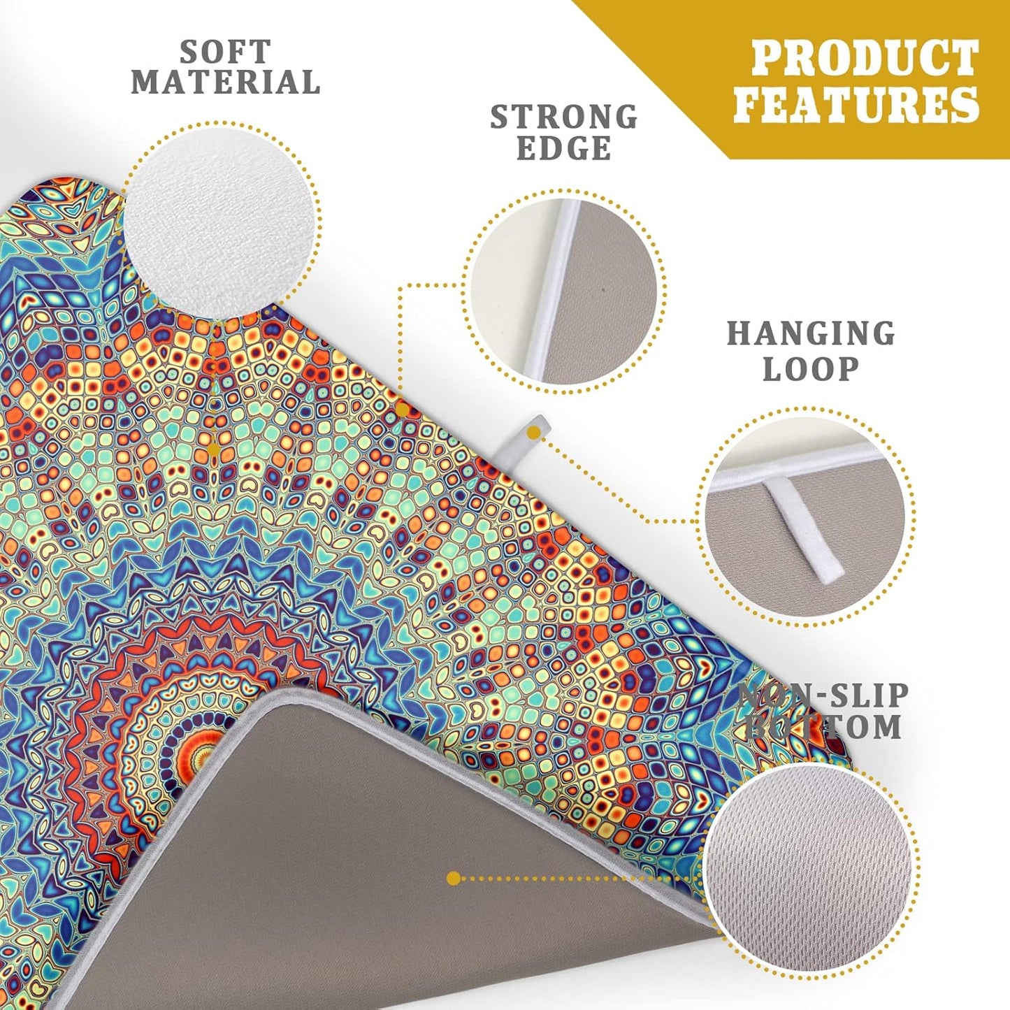 Bohemian Mandala Dish Drying Mat for Kitchen Counter Boho Ethnic Drying Mat 18 x 24 Inch with High Absorbent Reversible Microfiber Dish Drying Pad Dish Rack Pad Drainer Mat for Coffee Bar