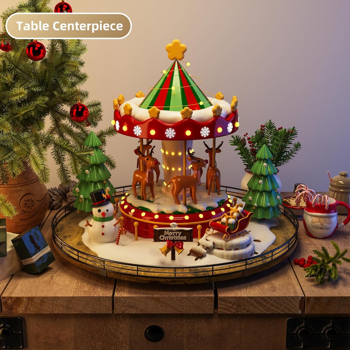 Lazy Susan Turntable Organizer for Table Top, 21’’ Round Wooden Lazy Susan for Cabinet Kitchen Countertop Pantry Dining Coffee Table for Condiments Spices, Rustic Bathroom Vanity Tray for Soap Candle