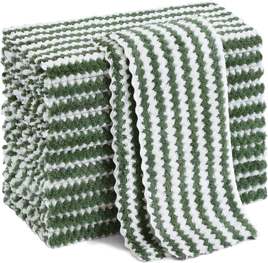 Homaxy 12 Pack Kitchen Dish Cloths, Ultra Soft and Absorbent Dish Towels, Reusable Fast Drying Microfiber Cleaning Cloth, Coral Velvet Wave Design No-lint, 10 x 10 inches, Grass Green