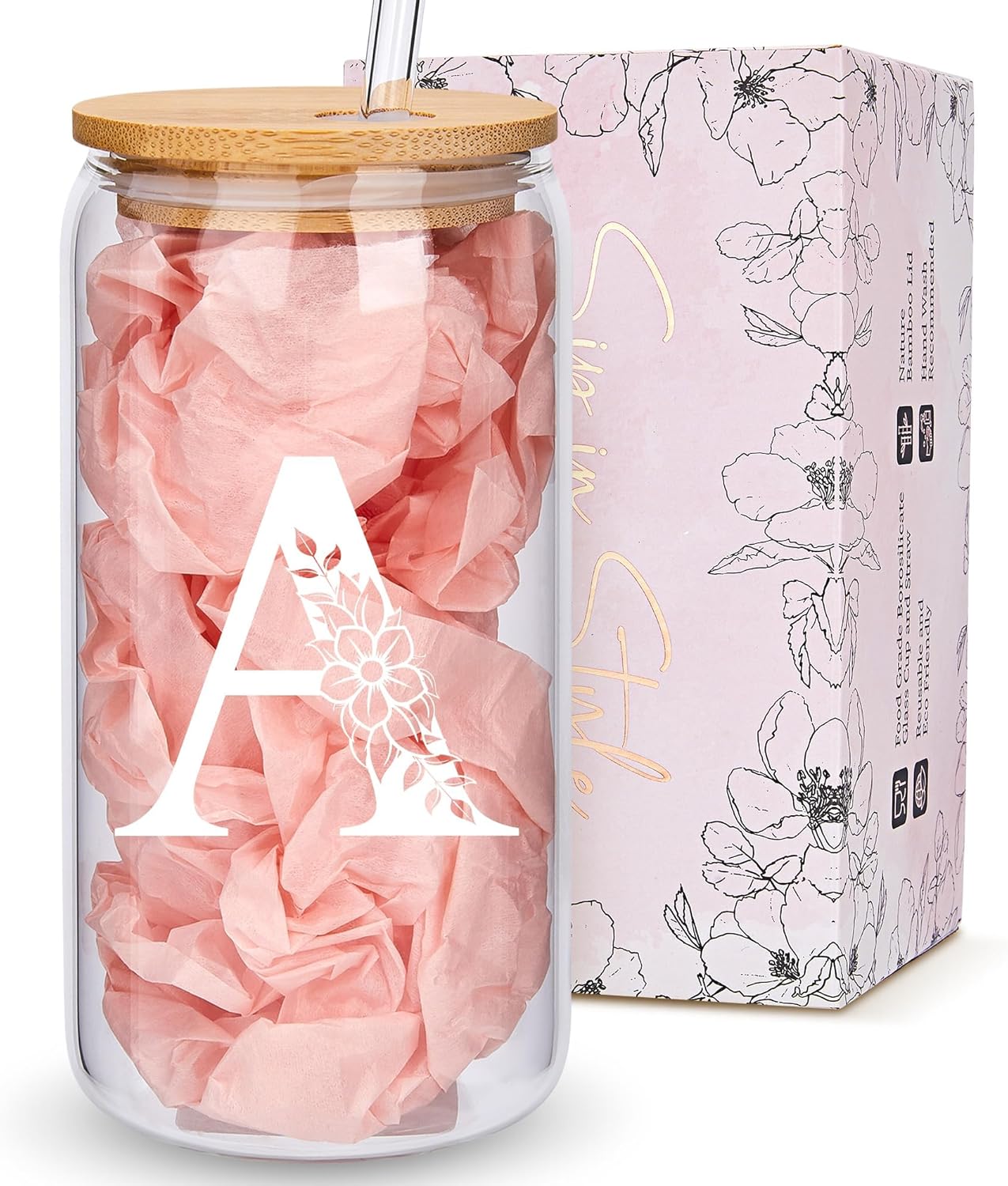 Personalized Gifts for Women, Monogrammed Glass Cups with Lids and Straws, Custom Tumbler, Cute Customized Mug, Aesthetic Stuff, Initial Iced Coffee Cup, Drinking Glasses, Birthday Teacher Gifts, A