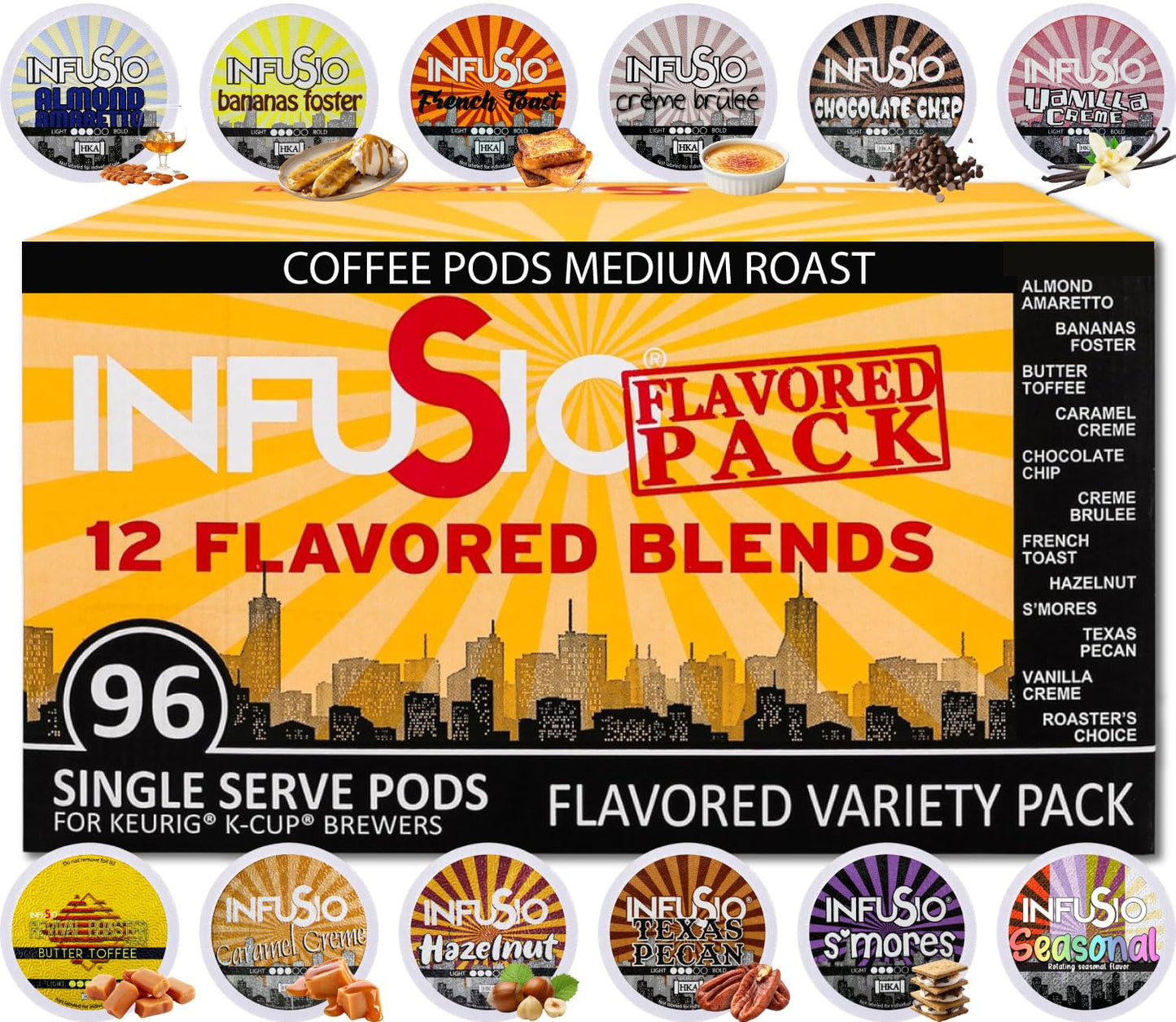 InfuSio Flavored Coffee Pods Variety Pack – 96 Count, 12 Gourmet Medium Roast Dessert-Inspired Blends like Bananas Foster & Crème Brûlée, Compatible with Keurig K-Cup 2.0 Brewers