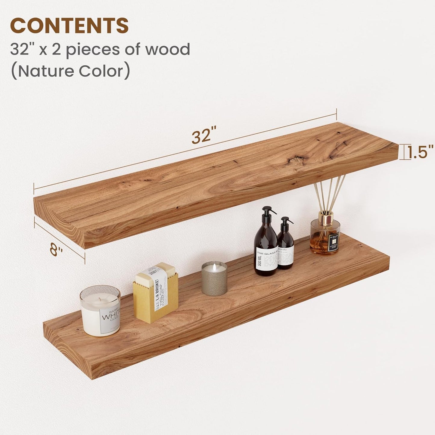 Floating Shelves for Wall Decor, 8" Deep Rustic Solid Elm Wood Floating Shelves Wall Mounted, Wall Shelves with Invisible Bracket for Living Room Bathroom Bedroom Kitchen, 32 Inch Set of 2, Natural