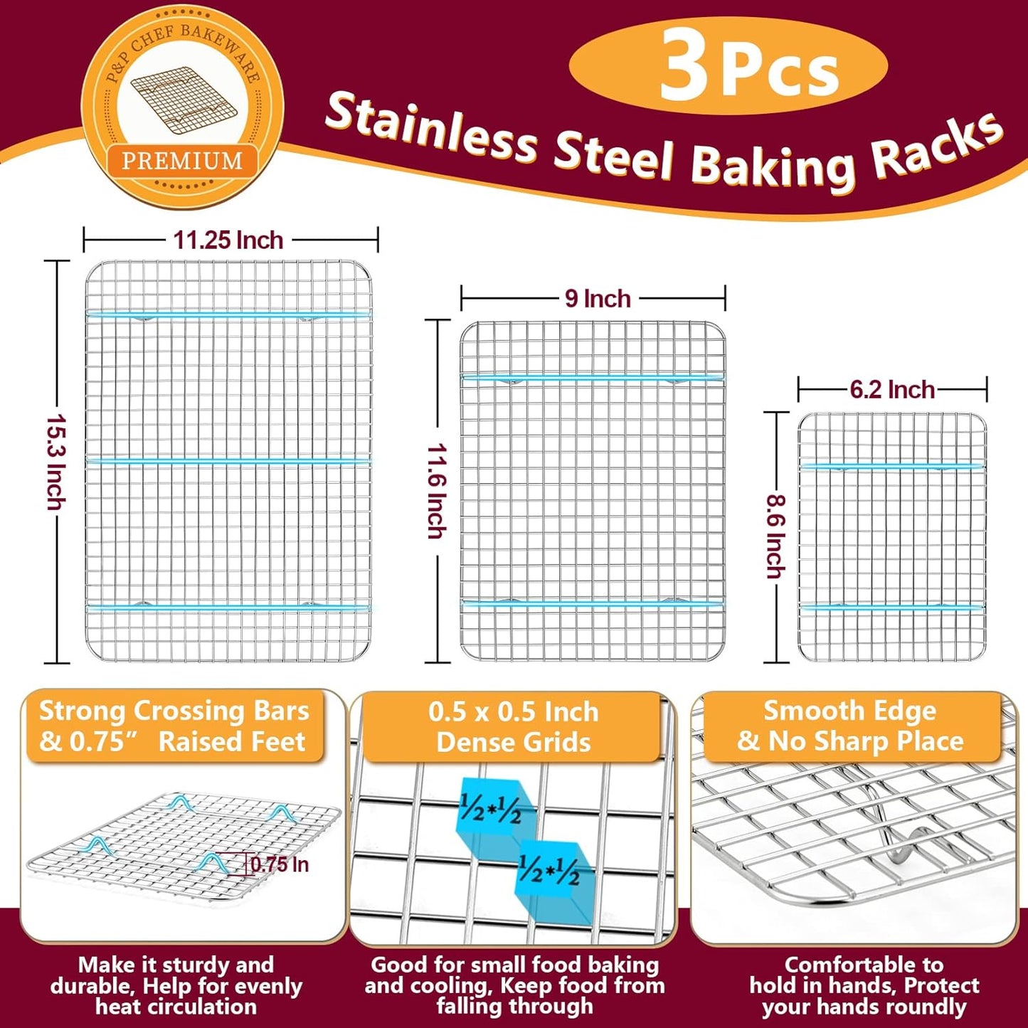 P&P CHEF 16 + 12.5 + 9 Inch Baking Sheet and Rack Set, Stainless Steel Cookie Sheets Oven Baking Pans Trays with Cooling Racks for Cooking & Roasting, Oven & Dishwasher Safe, (6Pcs)