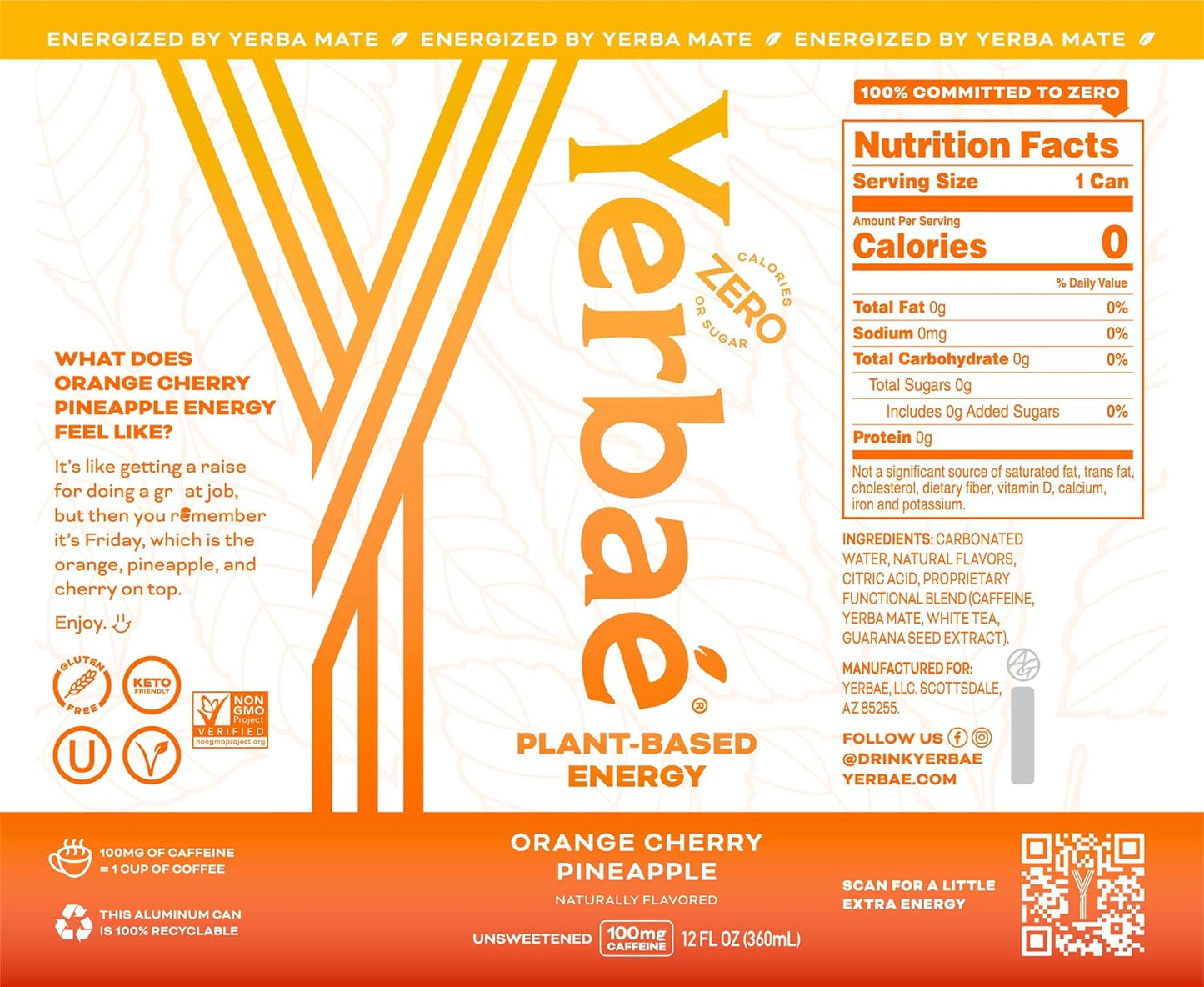 Yerbaé Energy Seltzer - Orange Cherry Pineapple No Sugar/Calories/Carbs. Energized by Yerba Mate, Naturally Caffeinated Plant-Based, Healthy Alternative to Coffee/Sugary Sodas, Pack of 12, 12oz cans