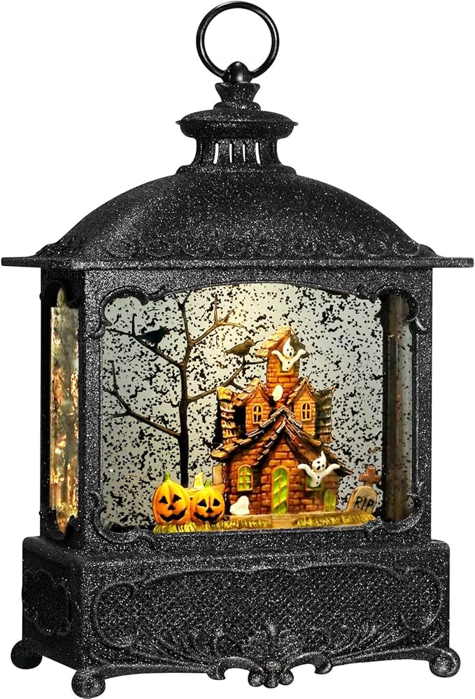 Halloween Snow Globe Lantern Haunted House Pumpkin Ghost Tree Crow Rip Dancing Bats with Timer, USB and Battery Powered 12 inch