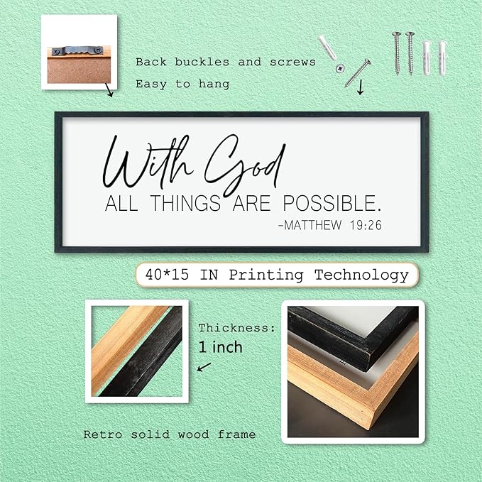 LuZhiQiang With God All Things Are Possible Wall Decor 40"×15" Matthew 19:26 sign Bible Verse Scripture for Living Room Large Wood Framed Wall Hanging Art (Black)