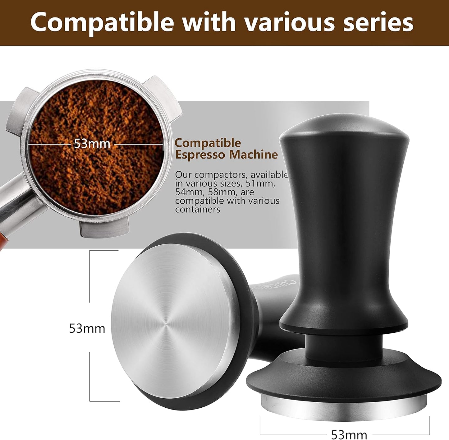 K COOL Espresso Hand Tamper, Premium Barista Coffee Tamper with Calibrated Spring, 100% Flat Stainless Steel Base Tamper for Breville Series 54mm Portafilter Basket (53mm, Black)