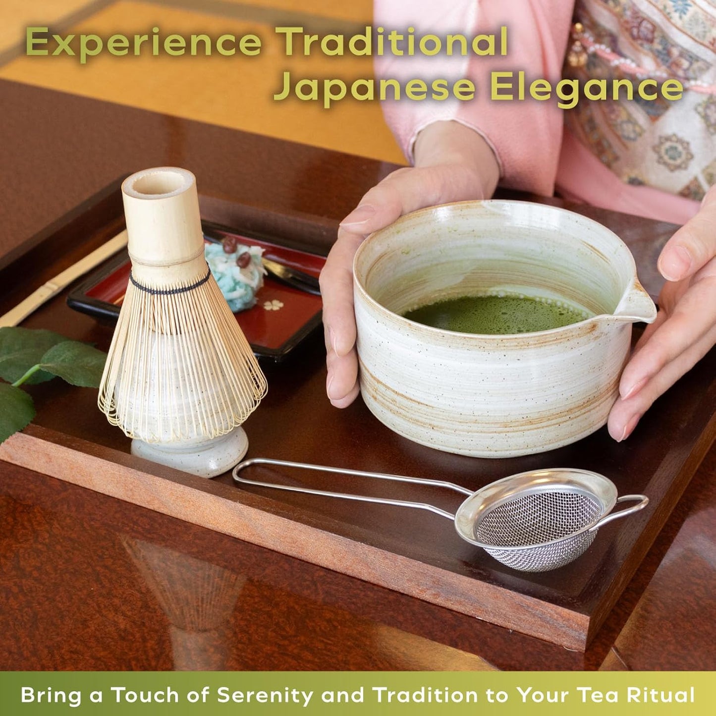 Japanese Matcha Set | Matcha Bowl with Spout | Whisk & Holder | Bamboo Scoop & Stainless Sifter | 5-Piece Traditional Matcha Kit | Designed in Japan |「Rustic Beige」
