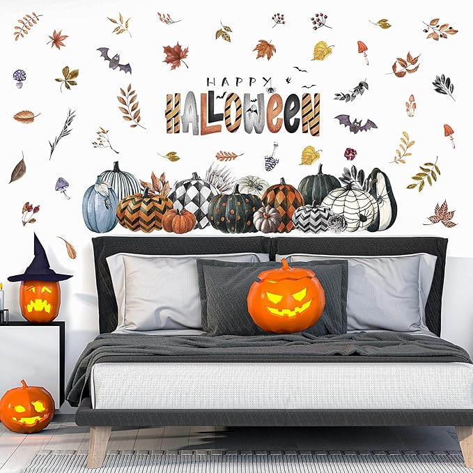clothmile 40.15 x 38.58 Inch Happy Halloween Pumpkins Wall Decals Halloween Leaves Bat Spider Wall Stickers Halloween Removable Wall Sticker for Halloween Party Supplies Home Wall Decor