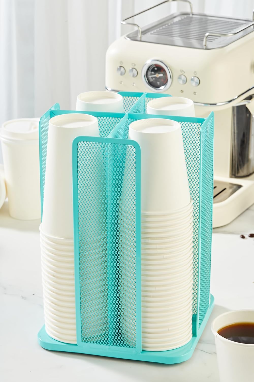 Annova Paper/Plastic Cup and Lid Holder Plastic Storage Organizer, 360°Rotating Coffee Mup Dispenser with 4 Compartments, Multifunctional Storage Rack for Home, Office, Bar, Coffee Shop (Turquoise)